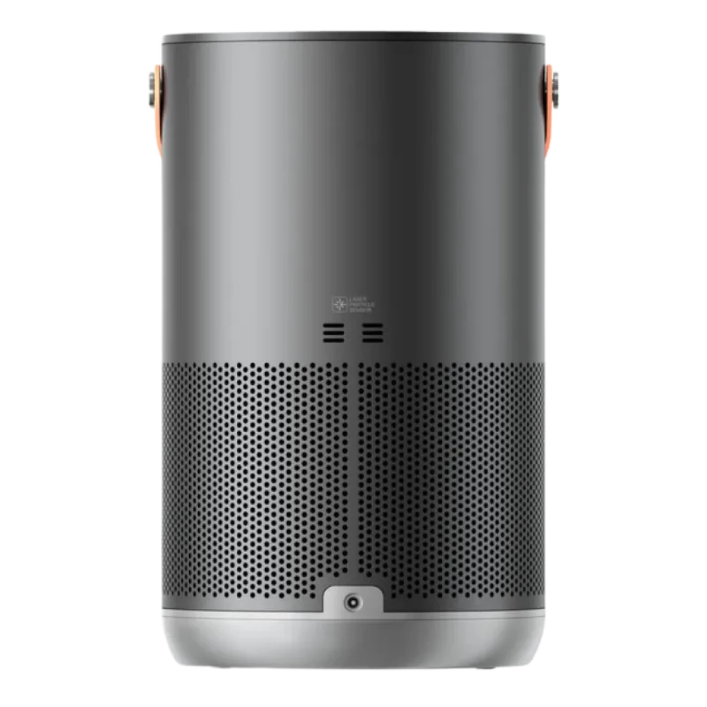 Smartmi Air Purifier P1 Gris Oscuro con cuerpo cilíndrico mate, rejilla microperforada 360°, base gris claro, asa lateral de cuero y puerto inferior trasero