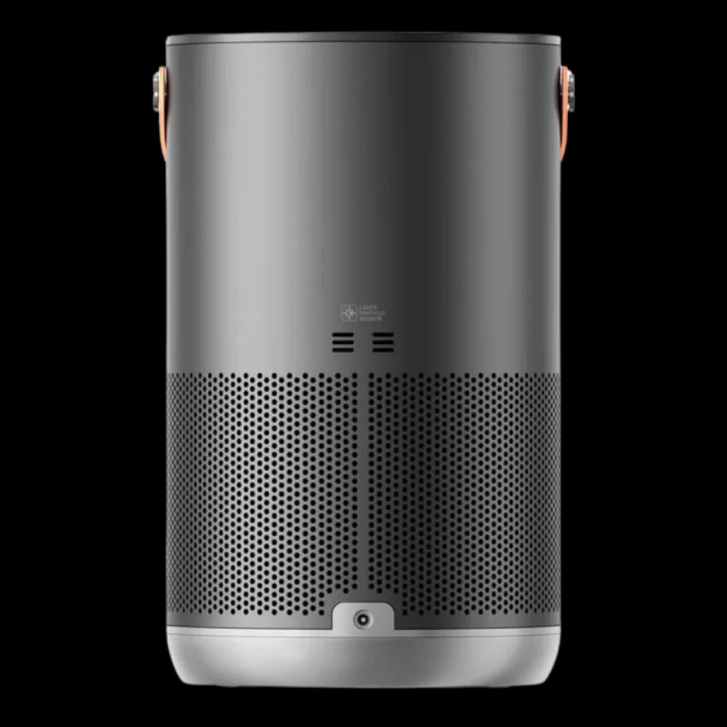 Smartmi Air Purifier P1 Gris Oscuro con cuerpo cilíndrico mate, rejilla microperforada 360°, base gris claro, asa lateral de cuero y puerto inferior trasero