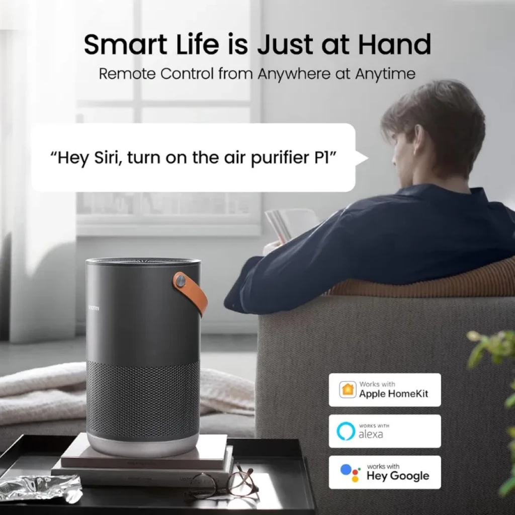 Smartmi Air Purifier P1 Gris Oscuro con cuerpo cilíndrico, rejilla metálica 360°, correa de cuero naranja y puerto superior de salida de aire; compacto y