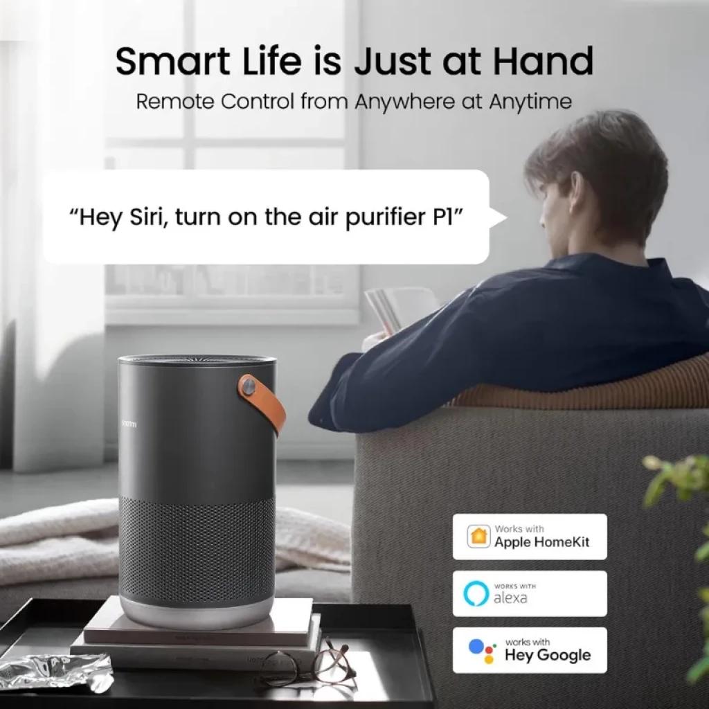 Smartmi Air Purifier P1 Gris Oscuro con cuerpo cilíndrico, rejilla metálica 360°, correa de cuero naranja y puerto superior de salida de aire; compacto y