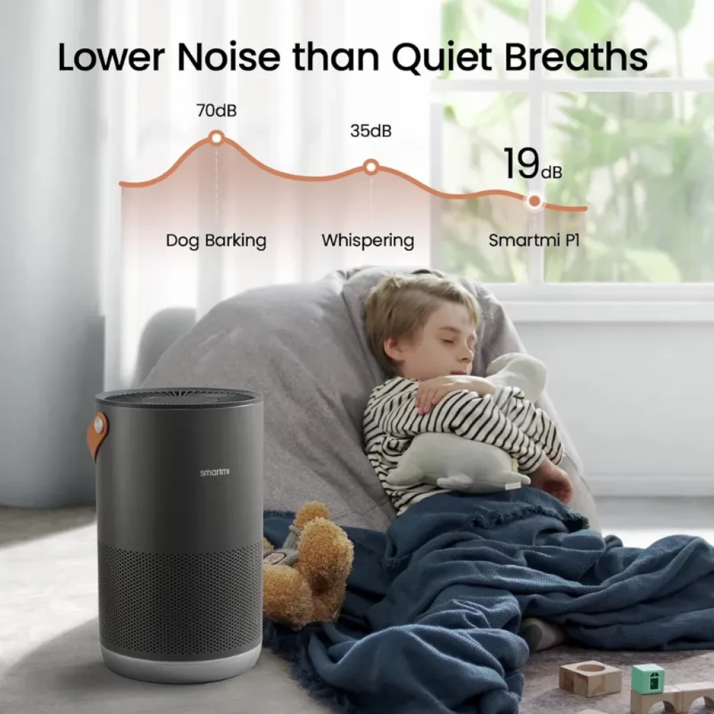 Smartmi Air Purifier P1 Gris Oscuro con diseño cilíndrico, rejilla 360°, asa naranja y luz superior, compacto y silencioso junto a un sofá y manta