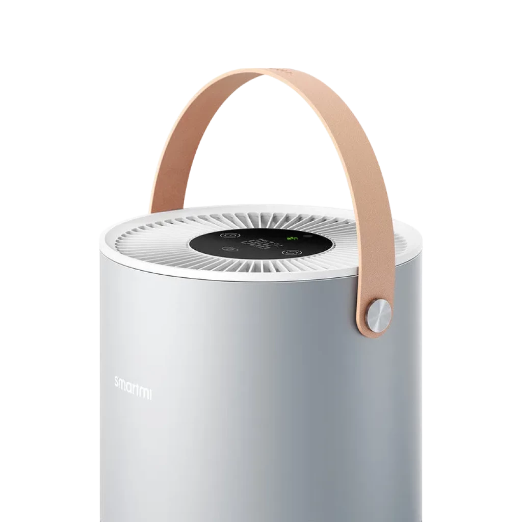 Smartmi Air Purifier P1 Plata - Purificador de Aire cilíndrico plateado con panel táctil superior, rejilla circular y asa de cuero beige para transporte