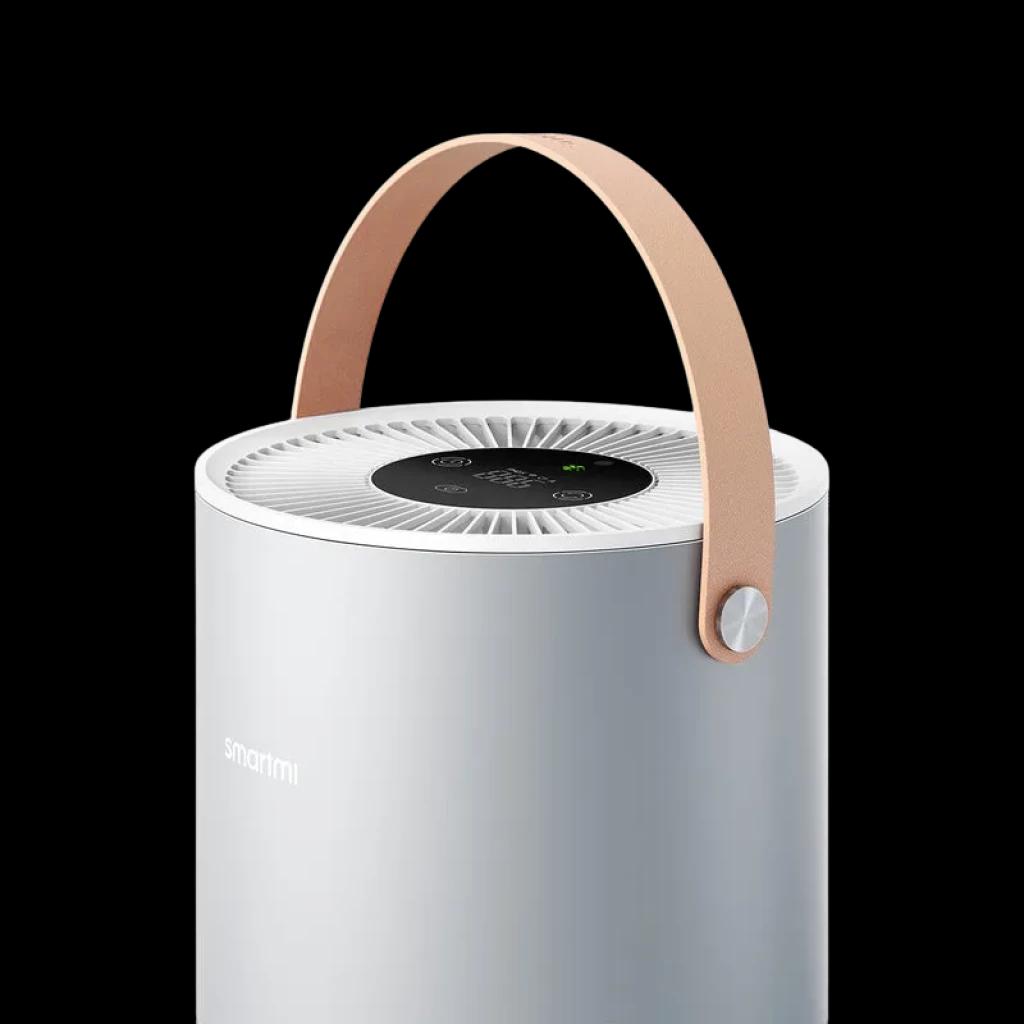 Smartmi Air Purifier P1 Plata - Purificador de Aire cilíndrico plateado con panel táctil superior, rejilla circular y asa de cuero beige para transporte