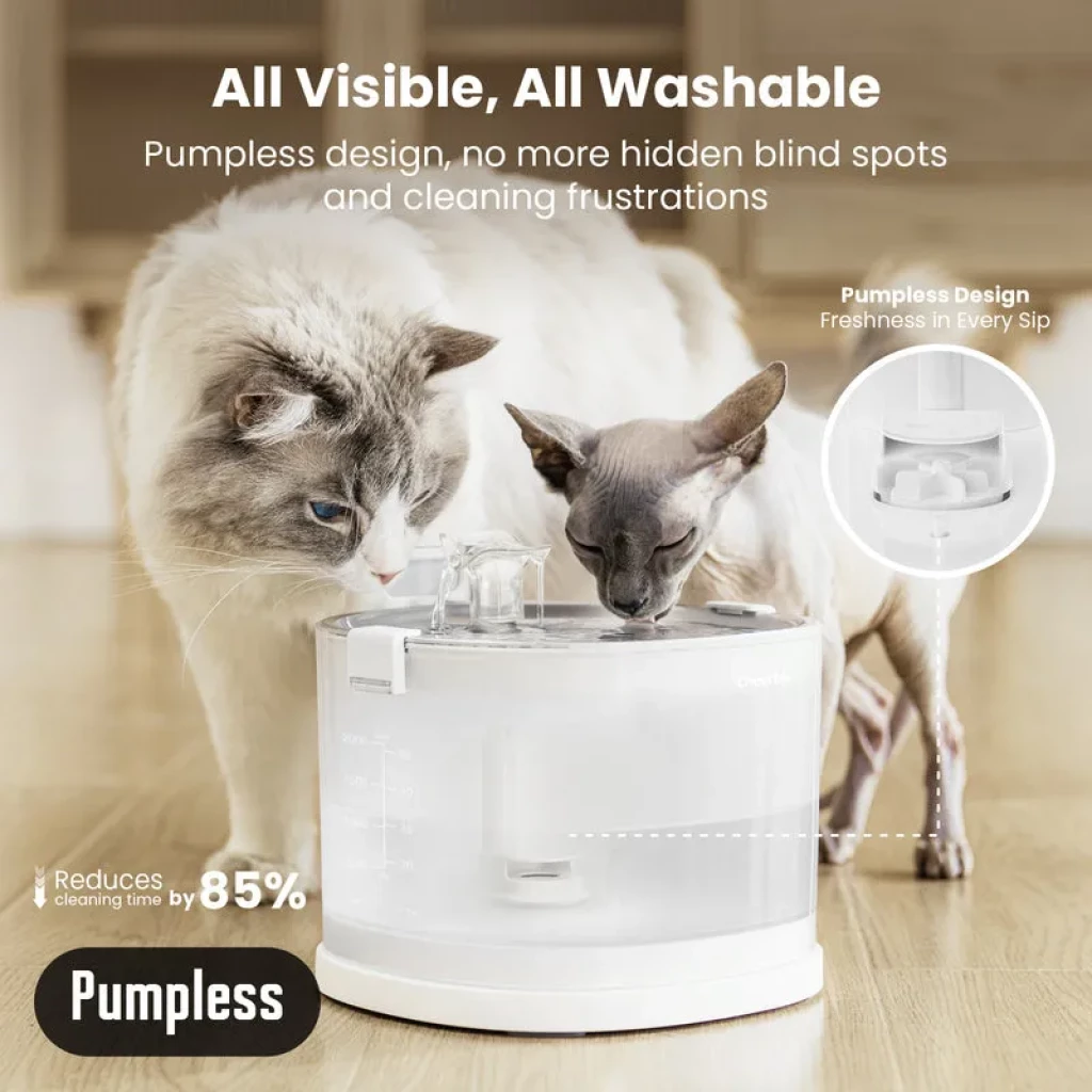 Bebedero automático transparente 2L con diseño sin bomba, tapa desmontable y marcas de nivel; fácil de limpiar, base blanca, ideal para gatos y perros