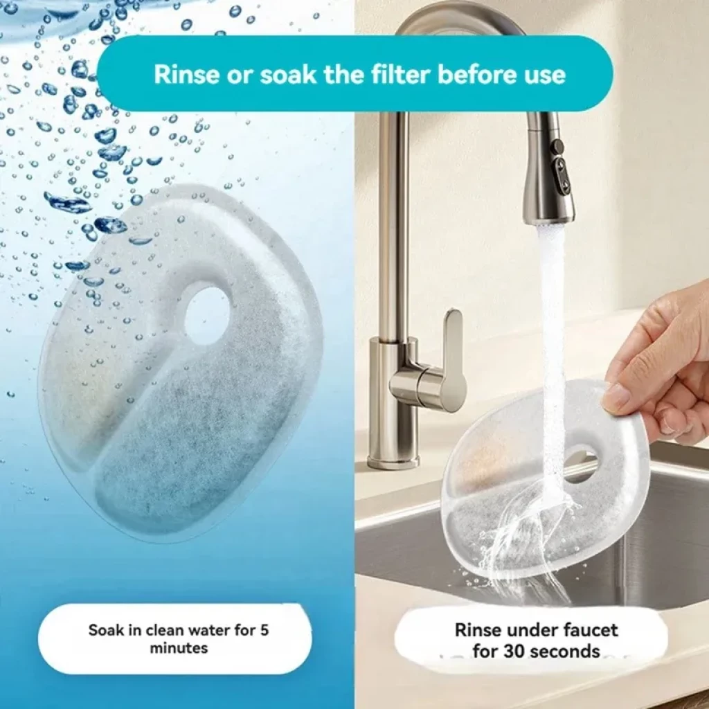 Filtro circular blanco con orificio central para bebedero automático; material poroso tipo esponja. Se enjuaga bajo el grifo o se remoja antes de usar. Pack 4