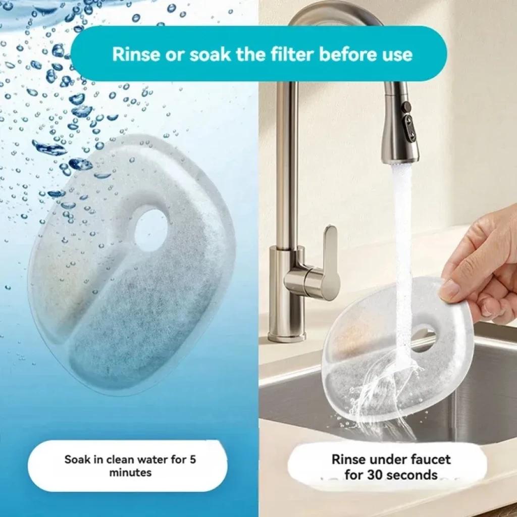 Filtro circular blanco con orificio central para bebedero automático; material poroso tipo esponja. Se enjuaga bajo el grifo o se remoja antes de usar. Pack 4