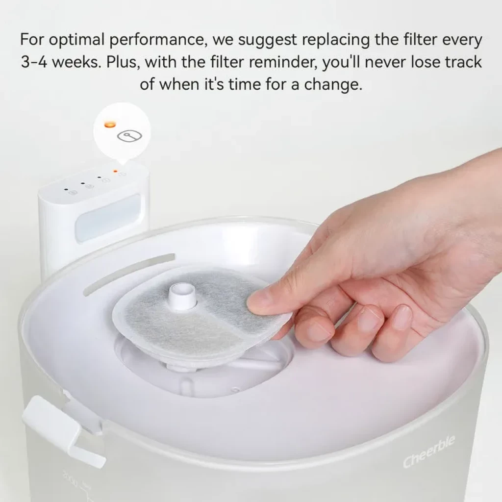 Filtro circular de repuesto con malla blanca y aro central, se coloca en la parte superior del bebedero automático Cheerble Elfin/D1, paquete de 4 unidades