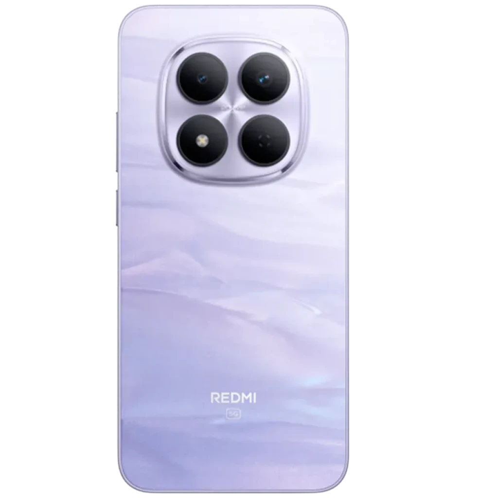 Dos lilas élégant avec motif nacré, module photo carré à 4 capteurs proéminents, logo Redmi 5G centré, bords arrondis finition brillante