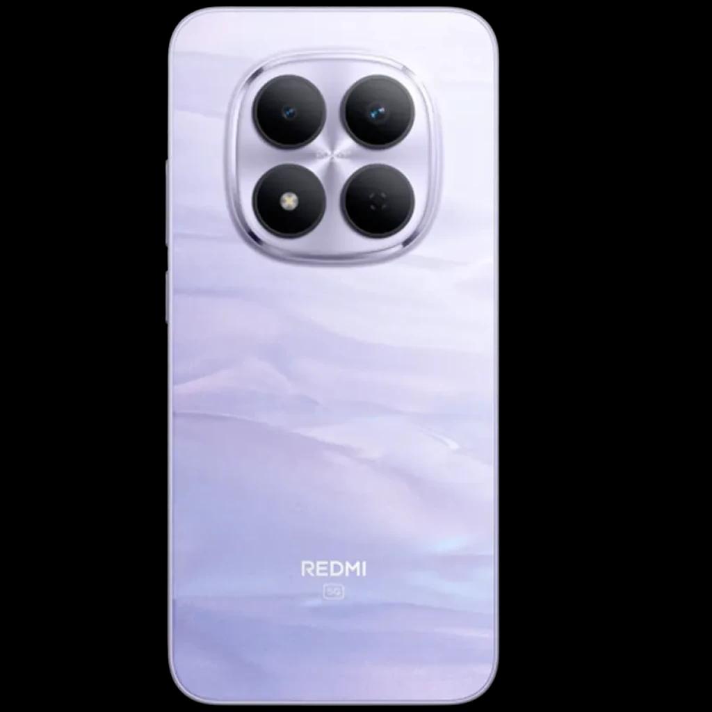 Dos lilas élégant avec motif nacré, module photo carré à 4 capteurs proéminents, logo Redmi 5G centré, bords arrondis finition brillante