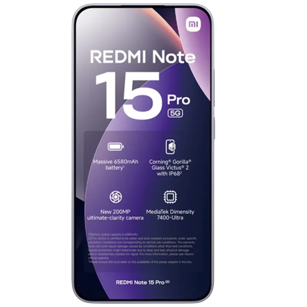Xiaomi Redmi Note 15 Pro 5G lilas avec grand écran AMOLED 6,83 pouces, bord fin, caméra 200 MP mise en avant et icônes specs visibles sur la façade