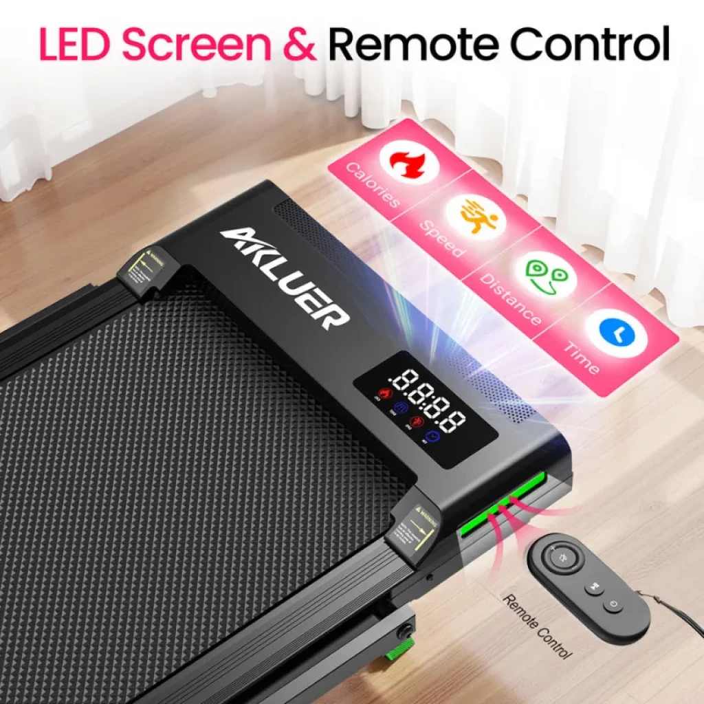 Pantalla LED de la cinta AKLUER H03 mostrando métricas de entrenamiento