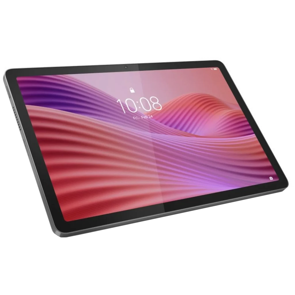 Lenovo Tab 4G 10.1 gris con pantalla amplia, biseles delgados y cámara frontal centrada; cuerpo delgado en aluminio, diseño moderno y acabado mate