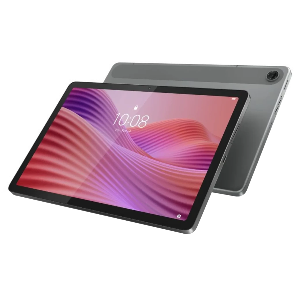 Lenovo Tab 4G 10.1 gris con pantalla amplia de biseles delgados, cámara trasera única en esquina y acabado metálico; diseño fino y moderno