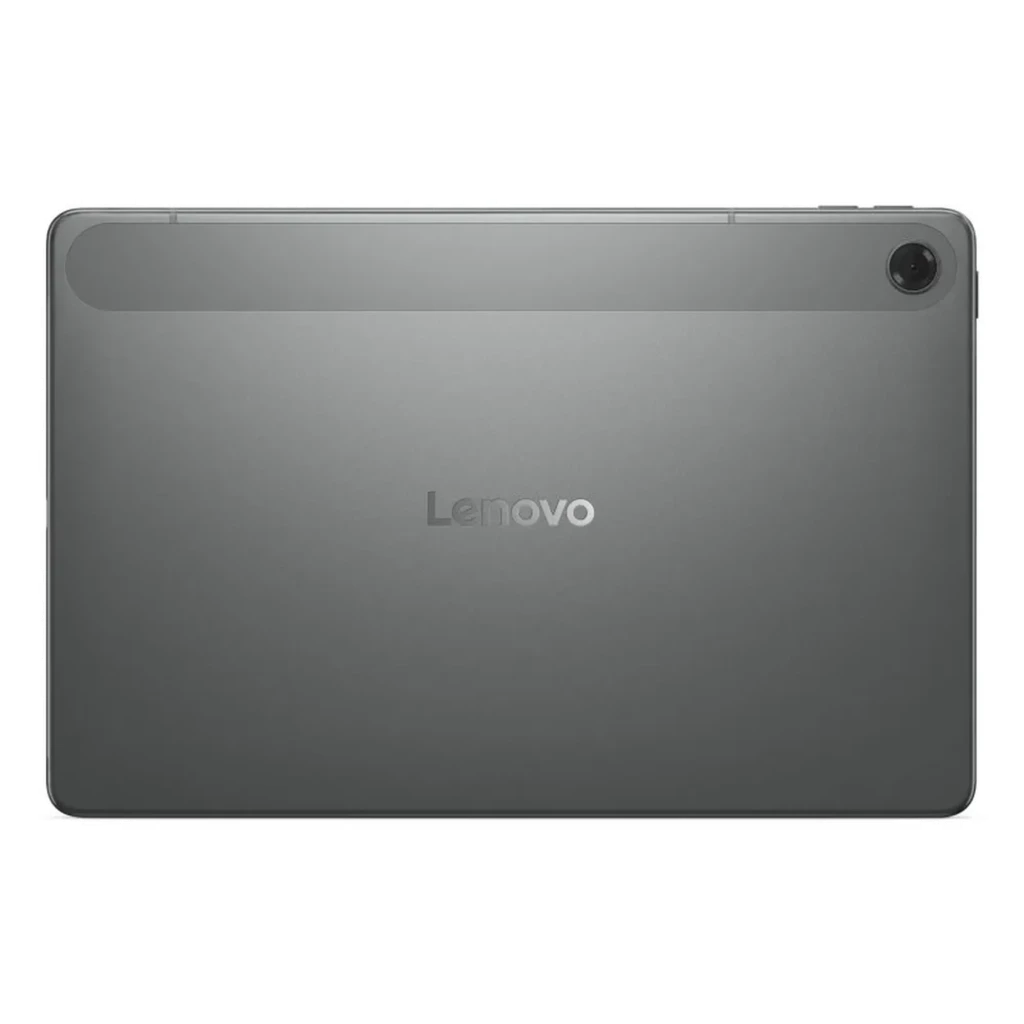 Parte trasera de tablet Lenovo Tab 4G 10.1 gris, carcasa metálica mate, cámara trasera única en esquina, banda superior sutil, logo Lenovo centrado