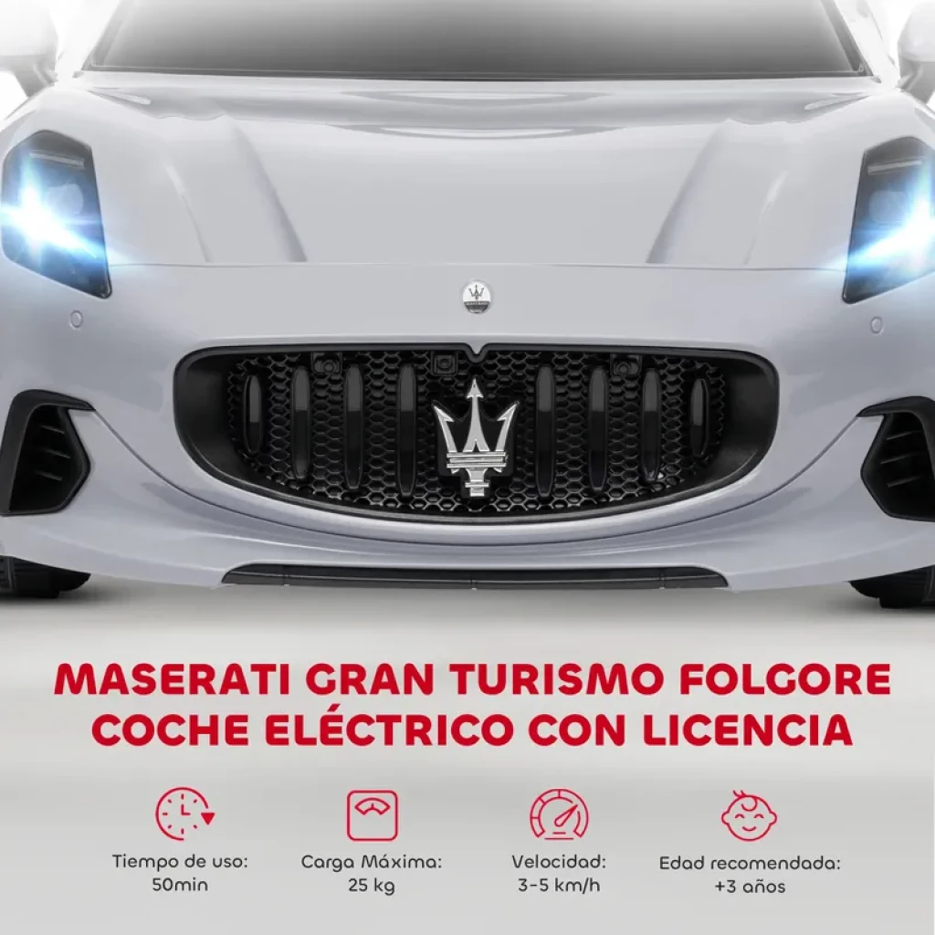Frontal del Maserati GranTurismo Folgore infantil en gris con parrilla negra y tridente, faros LED encendidos, ruedas EVA y detalles de licencia oficial