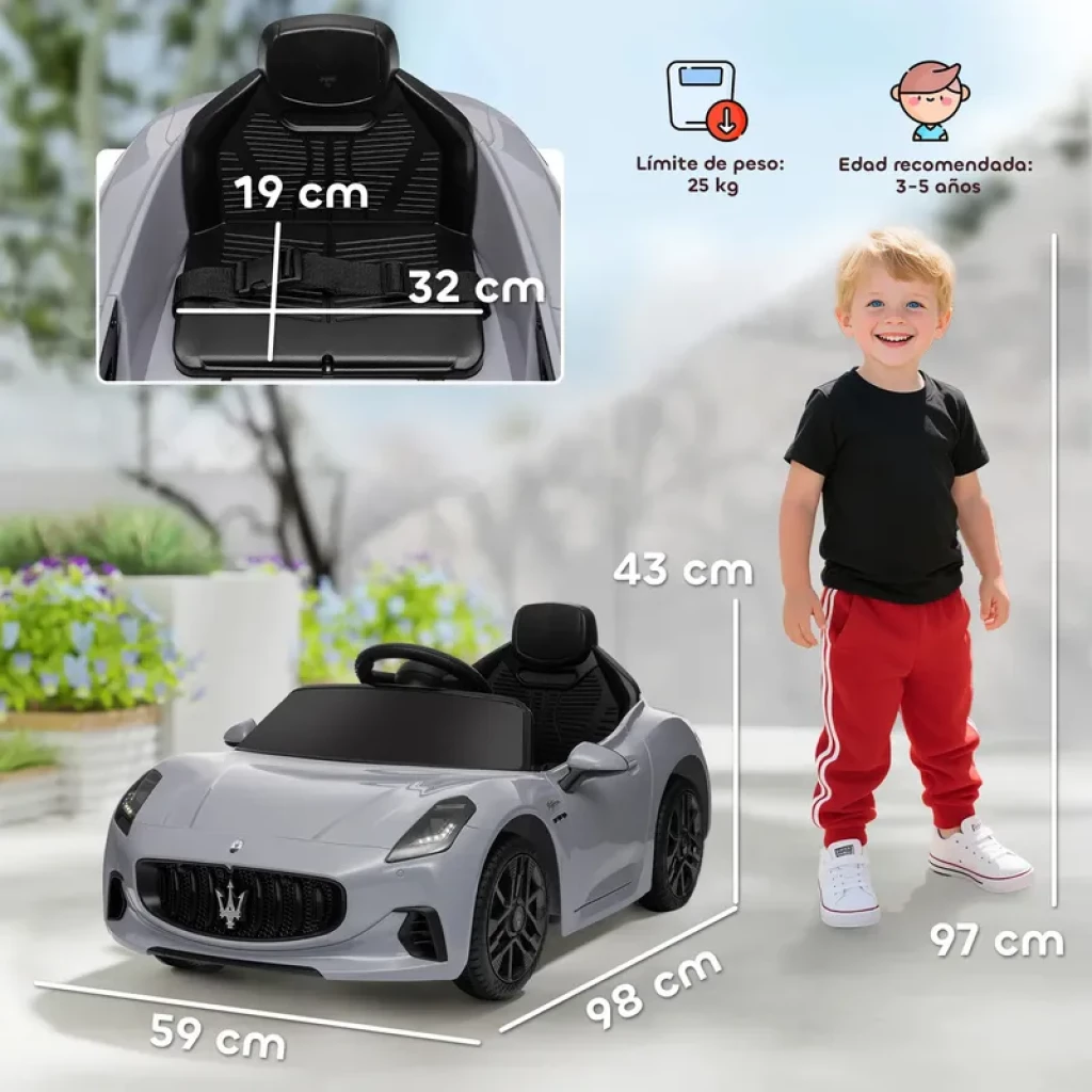 Coche eléctrico infantil Maserati GranTurismo Folgore 12V gris con licencia, ruedas EVA, asiento negro 19 cm, 32 cm de ancho, 98x59x43 cm, detalles deportivos