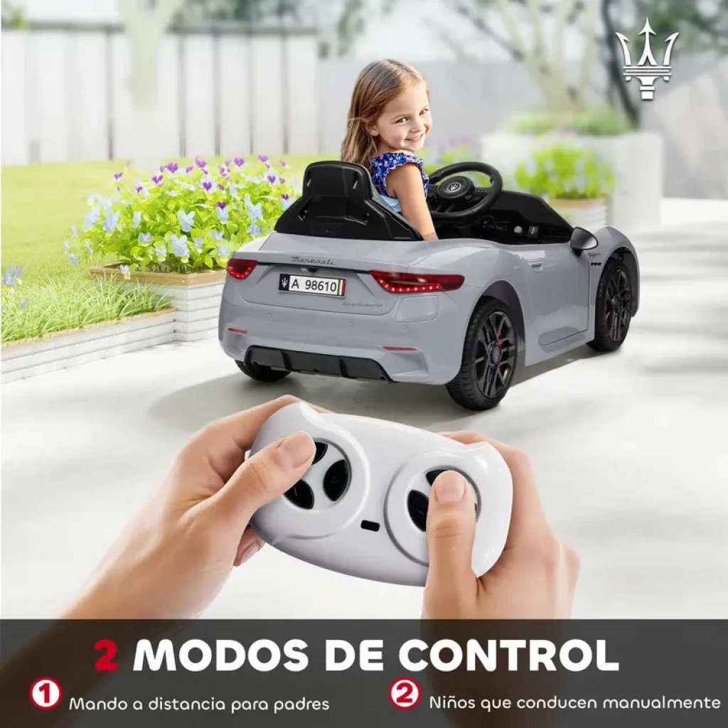 Coche eléctrico infantil Maserati GranTurismo Folgore 12V gris con licencia, ruedas EVA, faros LED, asientos negros, volante realista y mando parental