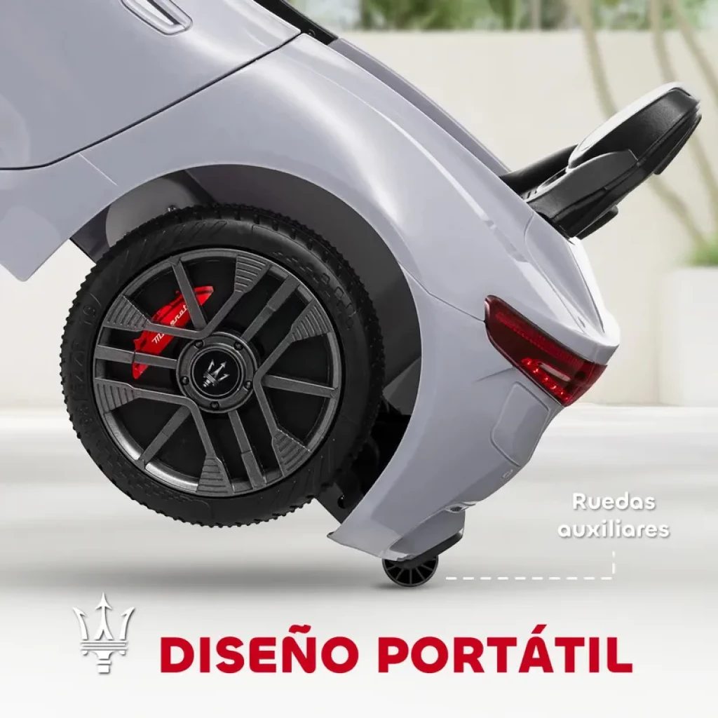 Maserati GranTurismo Folgore 12V gris con licencia, ruedas EVA negras con pinzas rojas, ruedas auxiliares y diseño portátil con asa para transporte