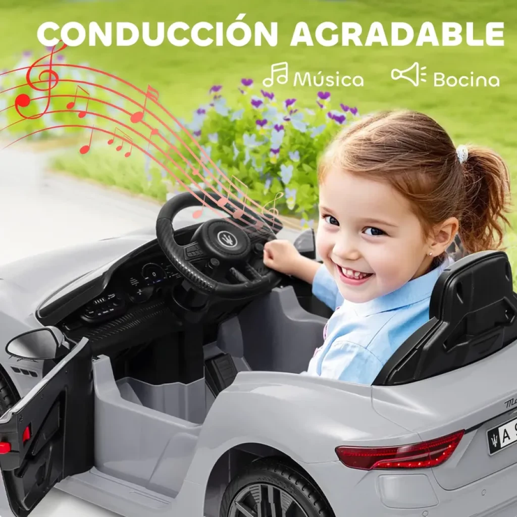 Coche eléctrico infantil Maserati GranTurismo Folgore 12V gris con licencia, ruedas EVA, puertas abatibles, volante con música y bocina, asiento negro