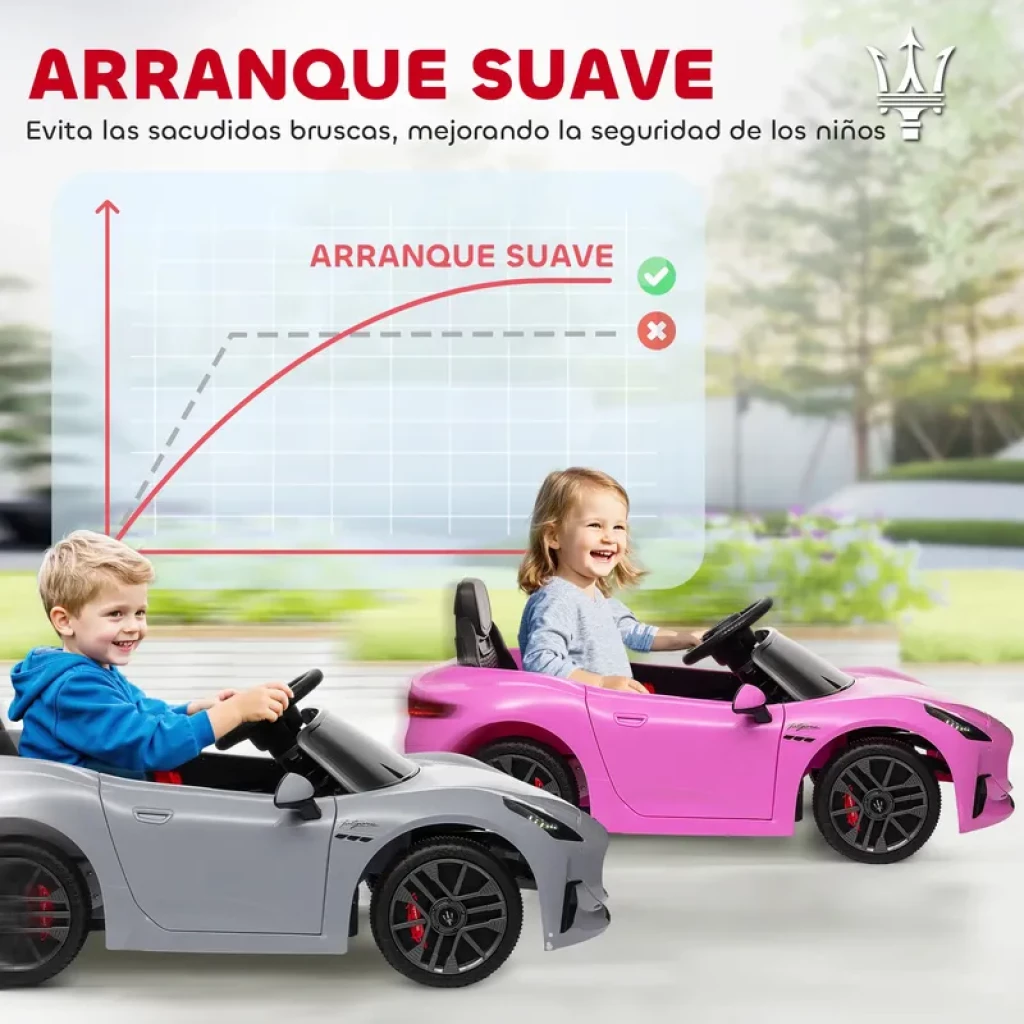 Maserati GranTurismo Folgore 12V gris con licencia oficial, coche eléctrico infantil con ruedas EVA, diseño deportivo, arranque suave y detalles realistas