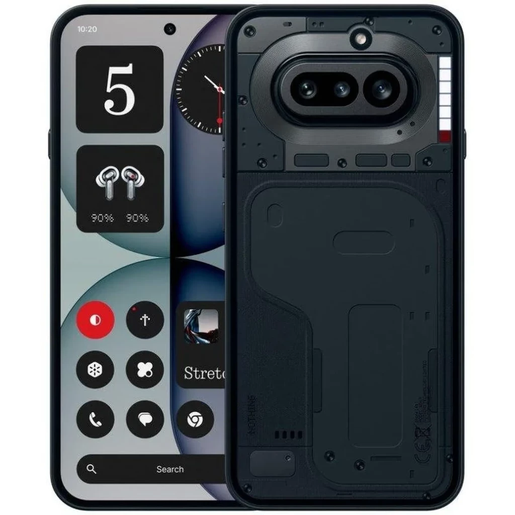 Nothing Phone 4a 5G preto com traseira transparente, módulo duplo de câmera 50 MP, tela ampla com furos e interface minimalista, 256 GB e 12 GB RAM