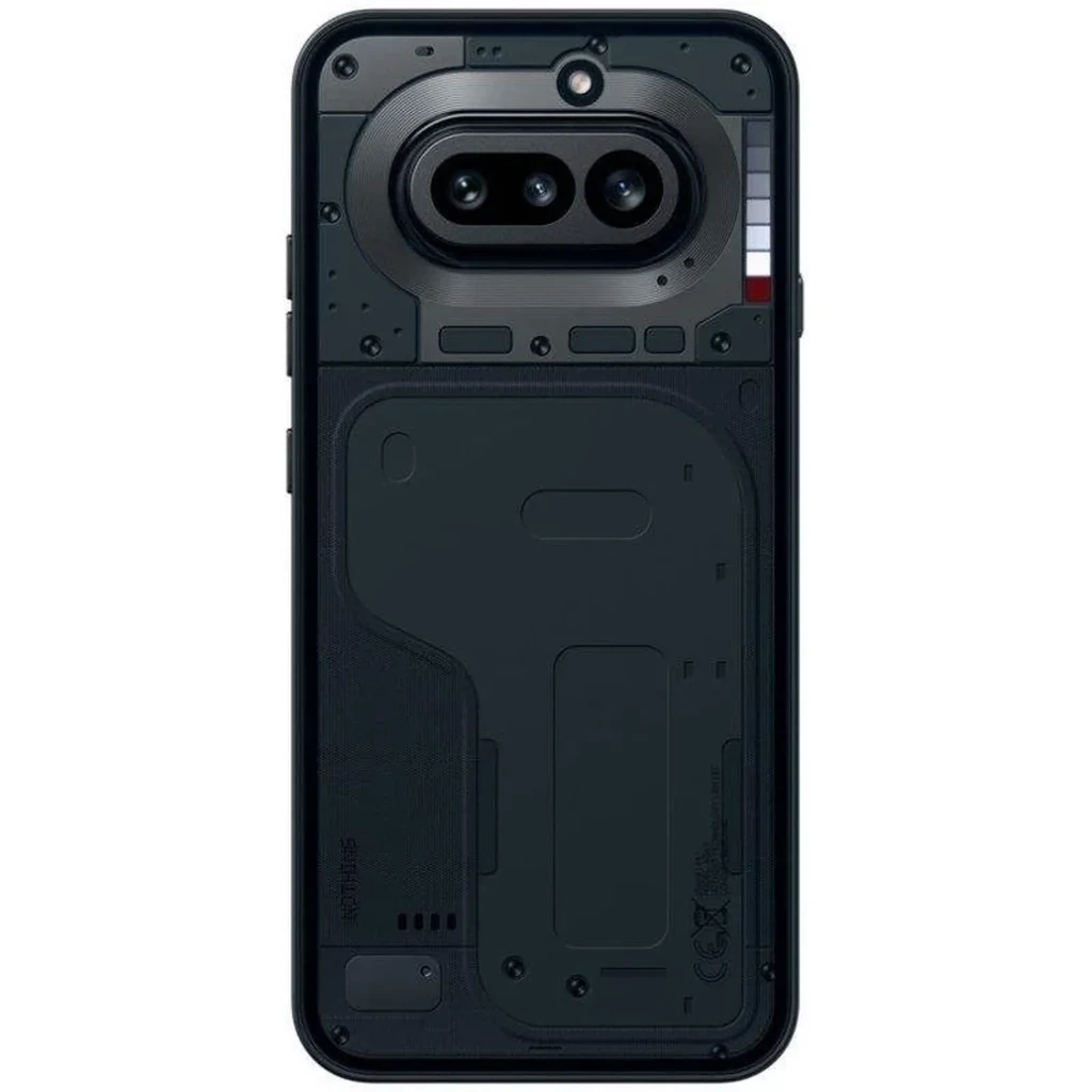 Nothing Phone 4a 5G preto com traseira transparente, módulos de câmera dupla horizontais, LEDs decorativos e design industrial minimalista