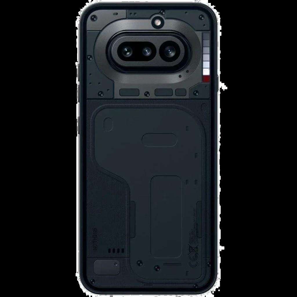 Nothing Phone 4a 5G preto com traseira transparente, módulos de câmera dupla horizontais, LEDs decorativos e design industrial minimalista