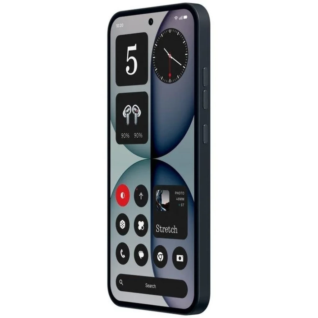 Nothing Phone 4a 5G preto com tela cheia de ícones, bordas retas foscas, furo central para câmera frontal e botões laterais de volume e energia