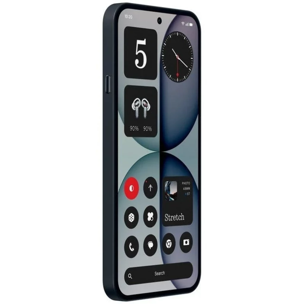 Nothing Phone 4a 5G preto com tela cheia e bordas finas, câmera frontal em furo central, laterais retas e módulo de botões discreto na lateral