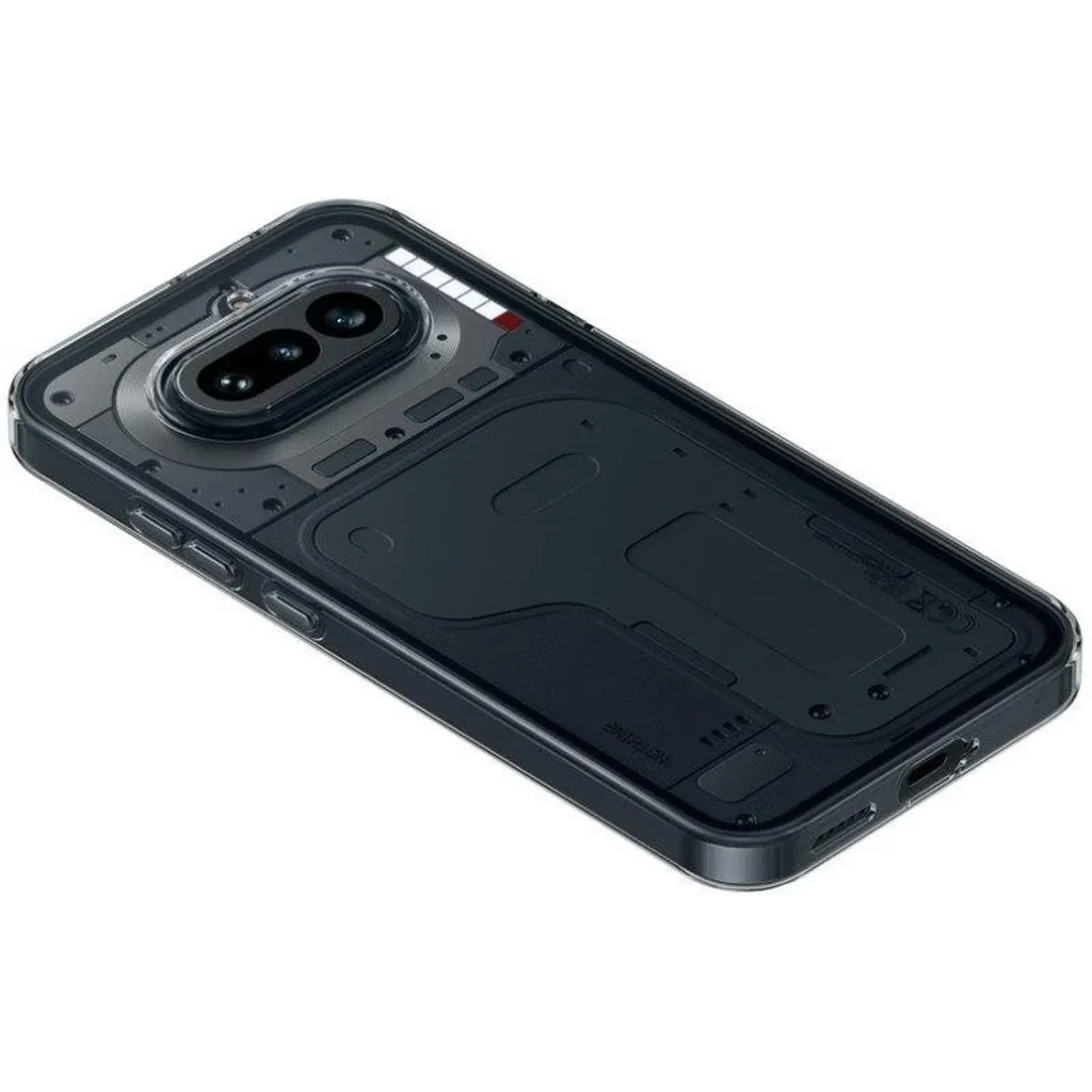 Nothing Phone 4a 5G preto com tampa traseira transparente, módulos visíveis, câmera dupla oval elevada e laterais com botões e porta USB-C