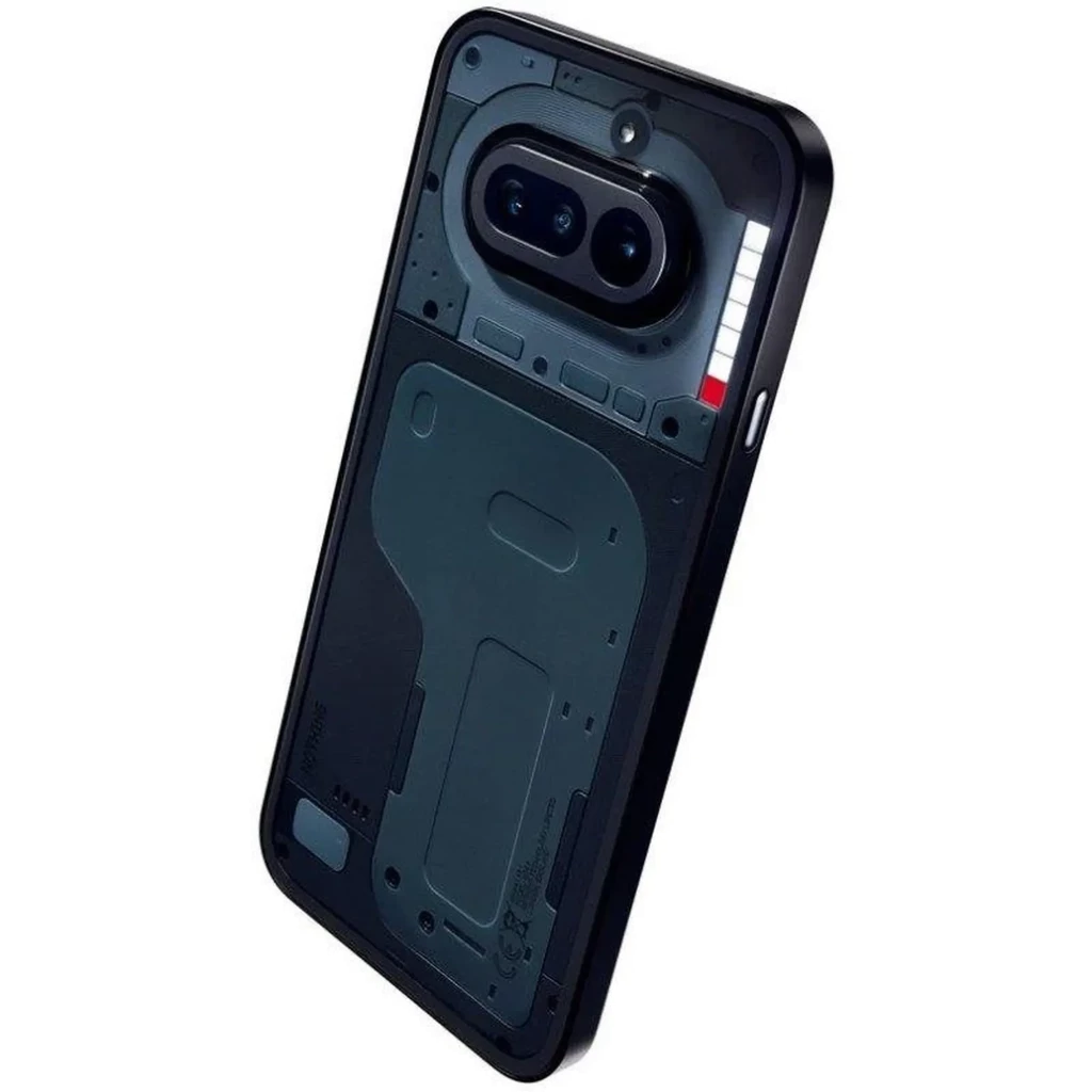 Nothing Phone 4a 5G preto com traseira translúcida, módulos expostos, câmera dupla 50 MP com flash LED e bordas retas em alumínio elegante