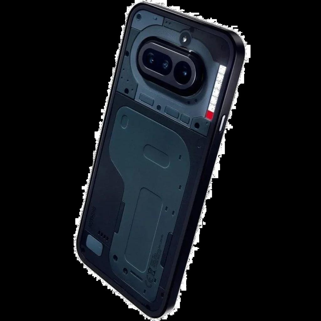 Nothing Phone 4a 5G preto com traseira translúcida, módulos expostos, câmera dupla 50 MP com flash LED e bordas retas em alumínio elegante