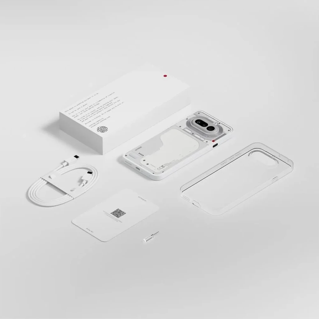 Nothing Phone 4a 5G preto com tampa traseira transparente, módulo dual de câmera 50 MP, moldura metálica, capa protetora inclusa, cabo USB-C e pino SIM