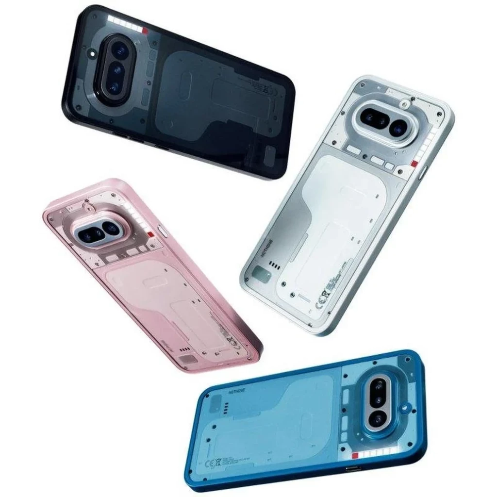 Capas traseiras Nothing Phone 4a 5G em preto, branco, rosa e azul, design transparente com módulos de câmera dupla ovais e detalhes de parafusos visíveis