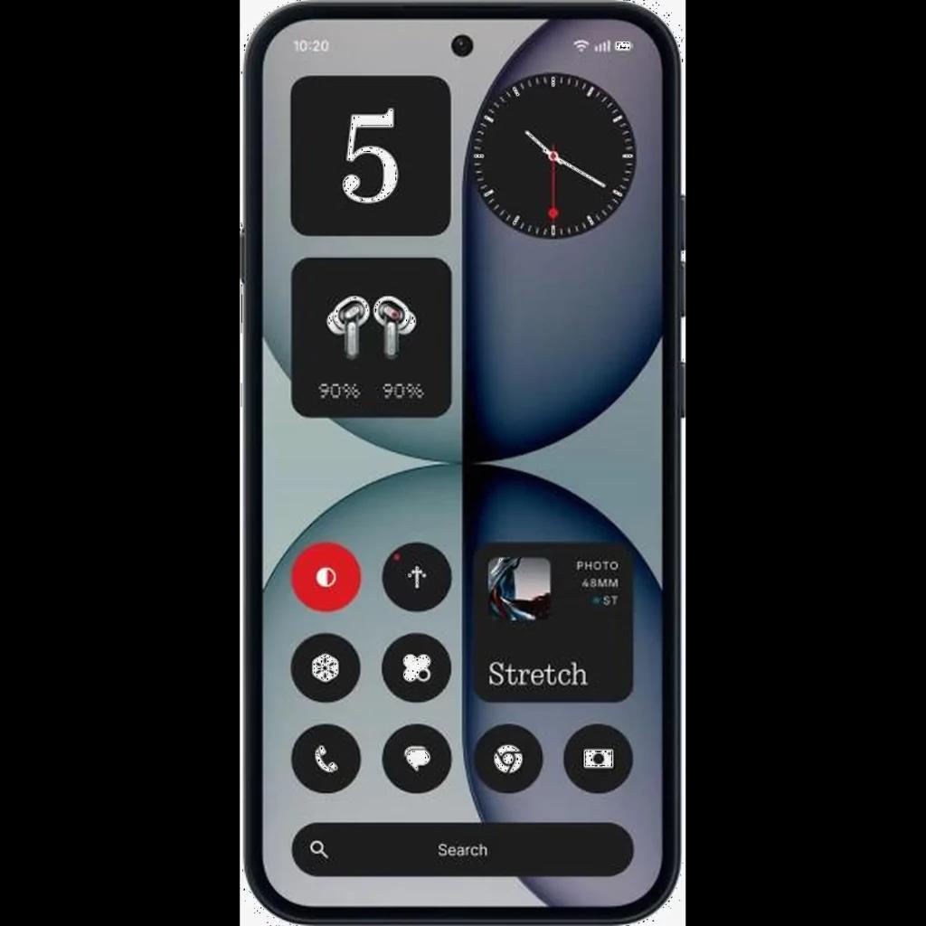 Nothing Phone 4a Pro 5G preto com ecrã de 6,83 polegadas, moldura fina, furo central para câmara frontal e interface com ícones grandes e widgets