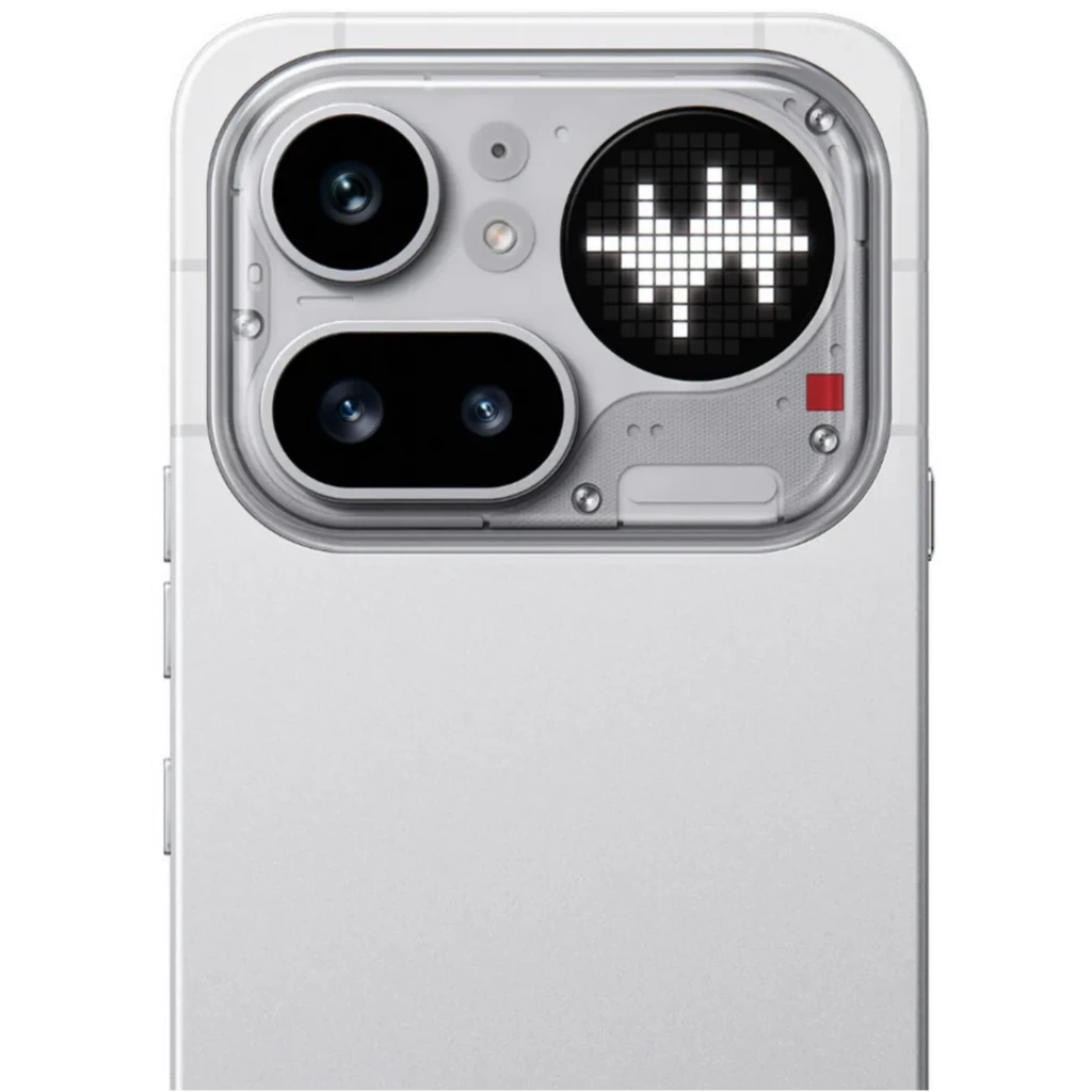 Módulo traseiro do Nothing Phone 4a Pro 5G em preto, com duas câmaras e periscópio 50 MP, LED pixelado animado e acabamento minimalista em vidro e metal