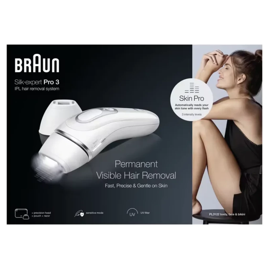 Depiladora IPL Braun Silk-expert Pro 3 blanca con cabezal de precisión, sensor SensoAdapt, modo suave, filtro UV y accesorio para cuerpo, rostro y bikini