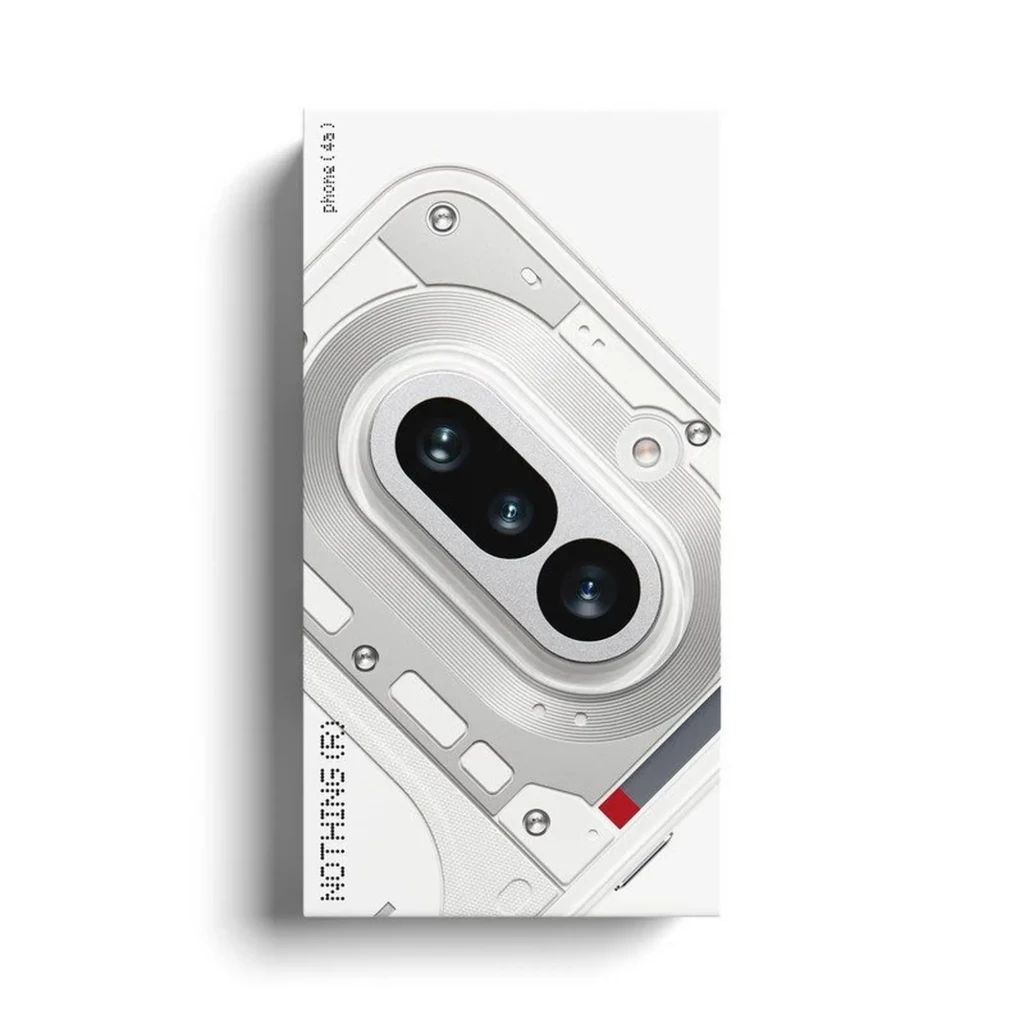 Caixa do Nothing Phone 4a 5G branca com destaque para módulo de câmera dupla e detalhes transparentes estilo Glyph, design minimalista e futurista