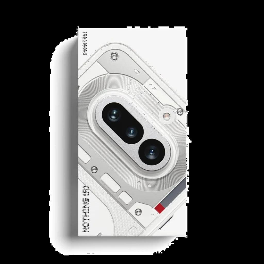 Caixa do Nothing Phone 4a 5G branca com destaque para módulo de câmera dupla e detalhes transparentes estilo Glyph, design minimalista e futurista