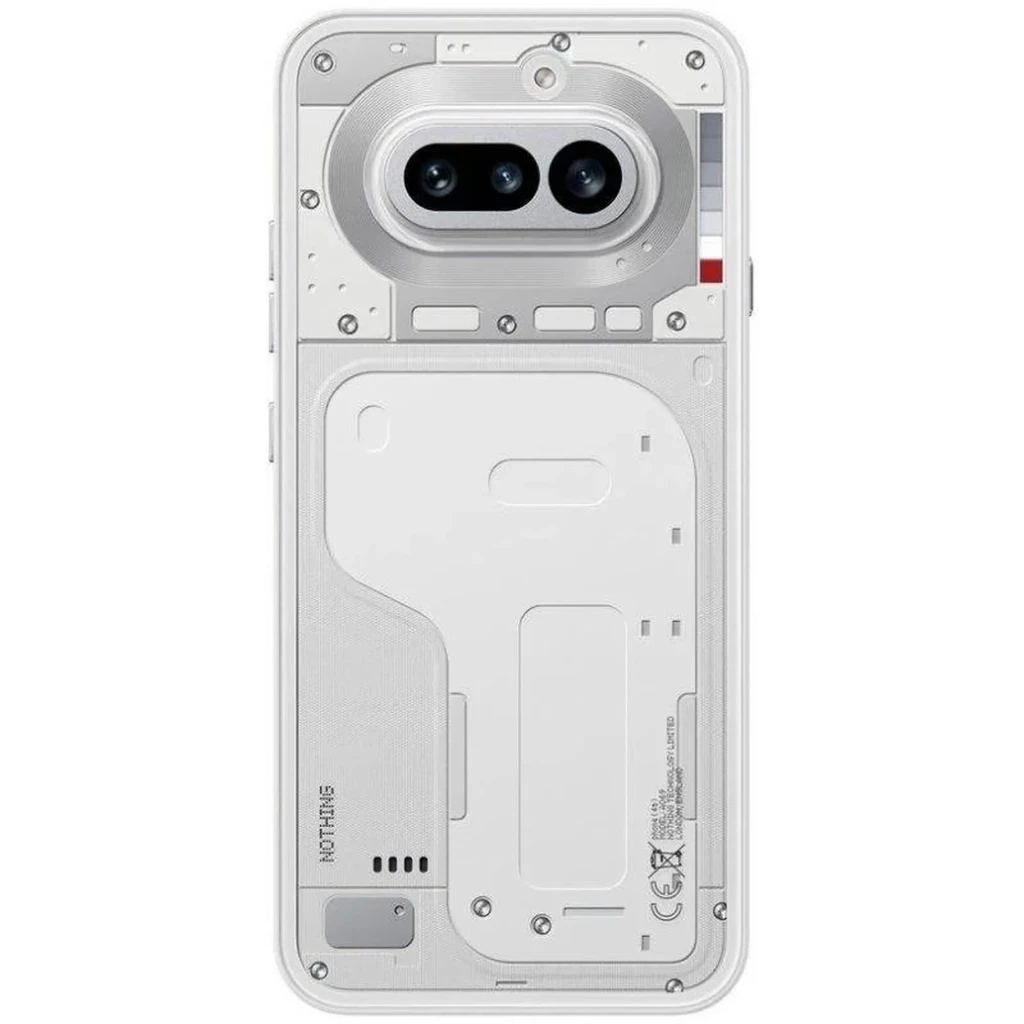 Nothing Phone 4a 5G branco com traseira transparente, Interface Glyph luminosa, módulo duplo de câmeras horizontais e detalhes industriais visíveis