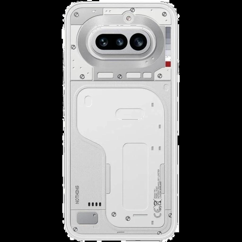 Nothing Phone 4a 5G branco com traseira transparente, Interface Glyph luminosa, módulo duplo de câmeras horizontais e detalhes industriais visíveis