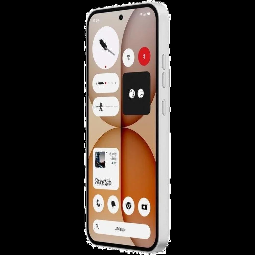 Nothing Phone 4a 5G branco com bordas retas, tela perfurada central, interface Nothing OS 4.1, botões laterais e câmeras traseiras duplas destacadas