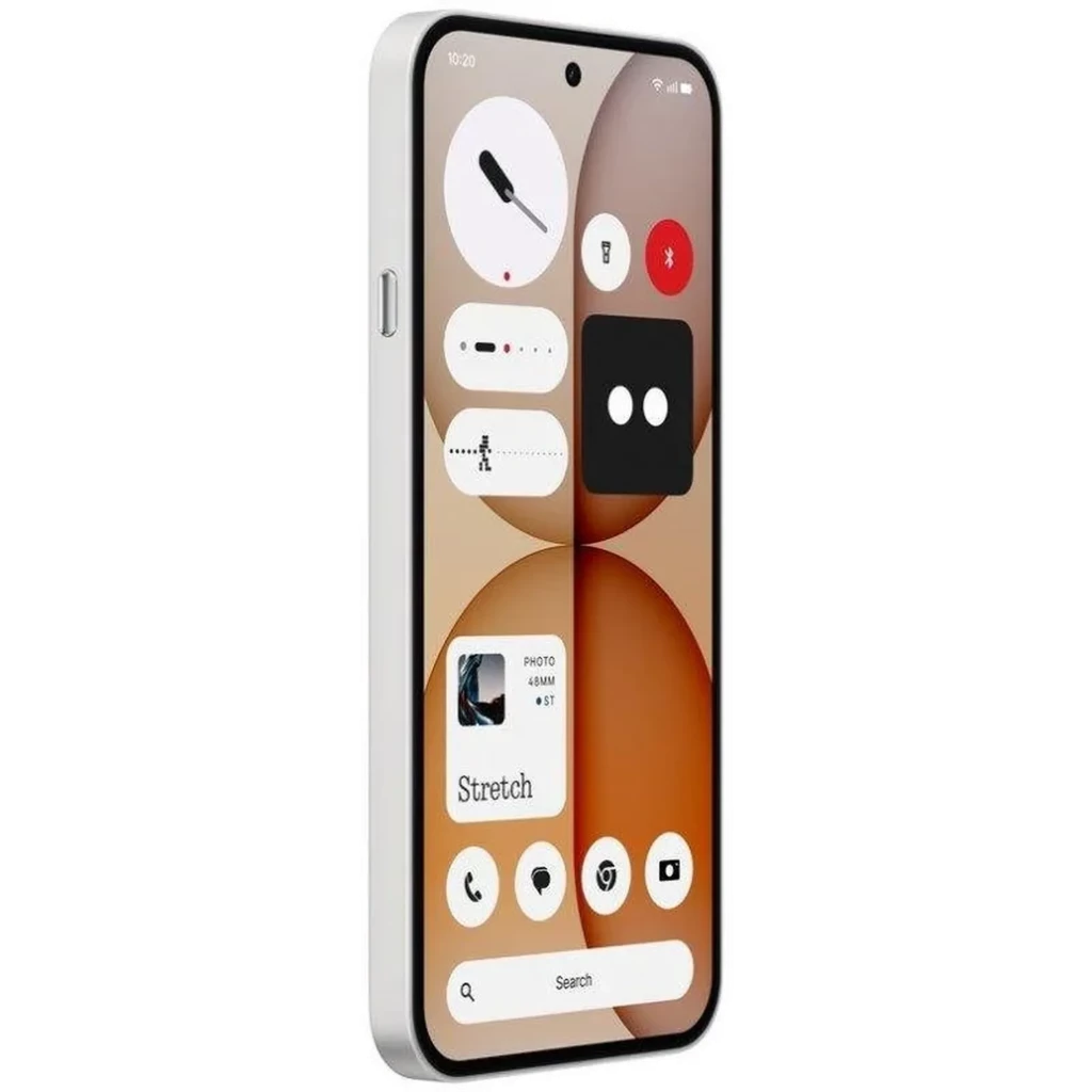 Nothing Phone 4a 5G branco com tela ampla bordas finas, furo central para câmera frontal, botões laterais e interface Nothing OS com ícones minimalistas