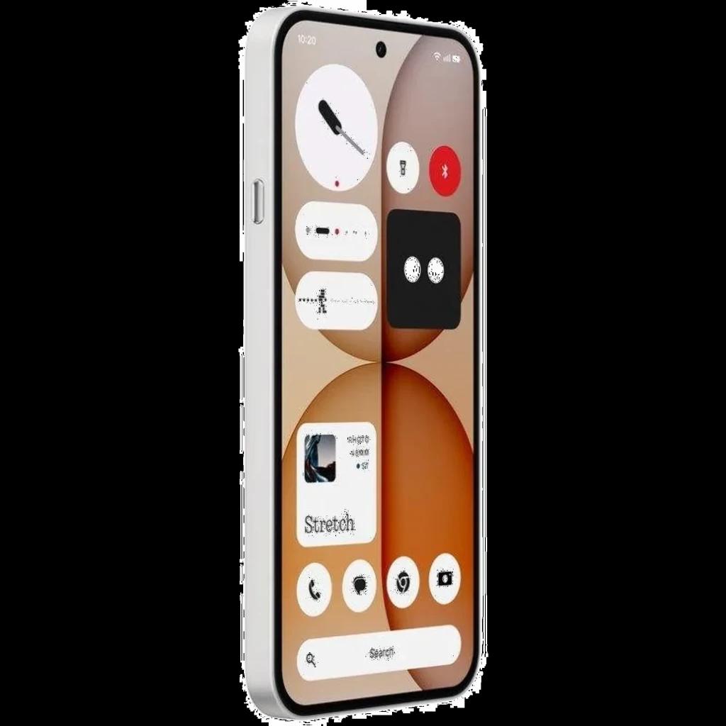 Nothing Phone 4a 5G branco com tela ampla bordas finas, furo central para câmera frontal, botões laterais e interface Nothing OS com ícones minimalistas