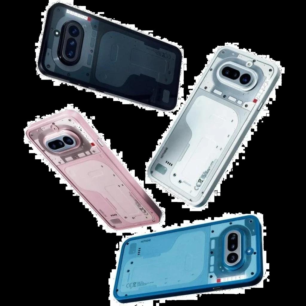 Nothing Phone 4a 5G branco com traseira transparente, Interface Glyph em LED, módulo de câmera dupla oval e acabamentos em preto, rosa e azul