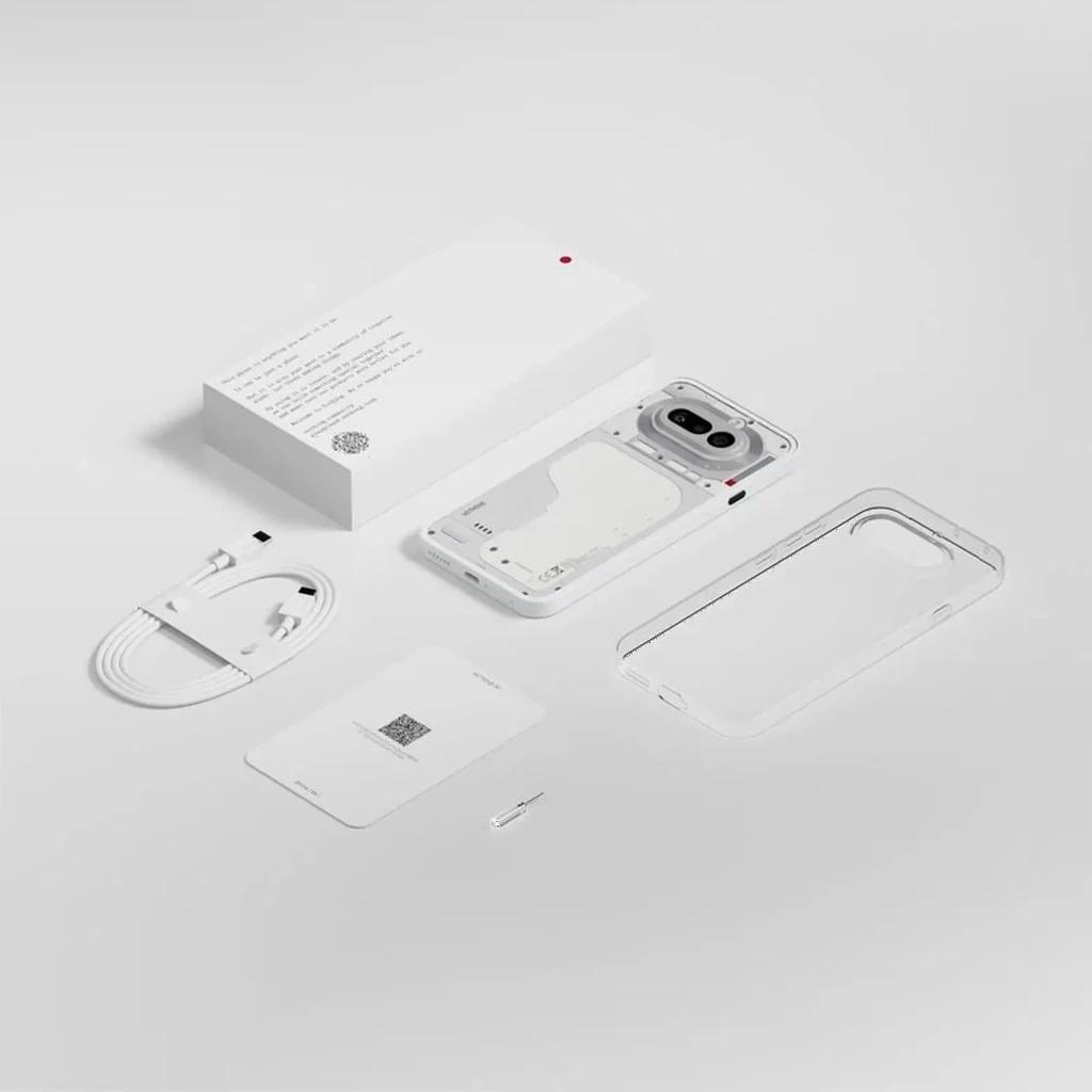 Nothing Phone 4a 5G branco com tampa traseira transparente, Interface Glyph iluminada, câmera dupla grande, capa translúcida, cabo USB-C e pino SIM