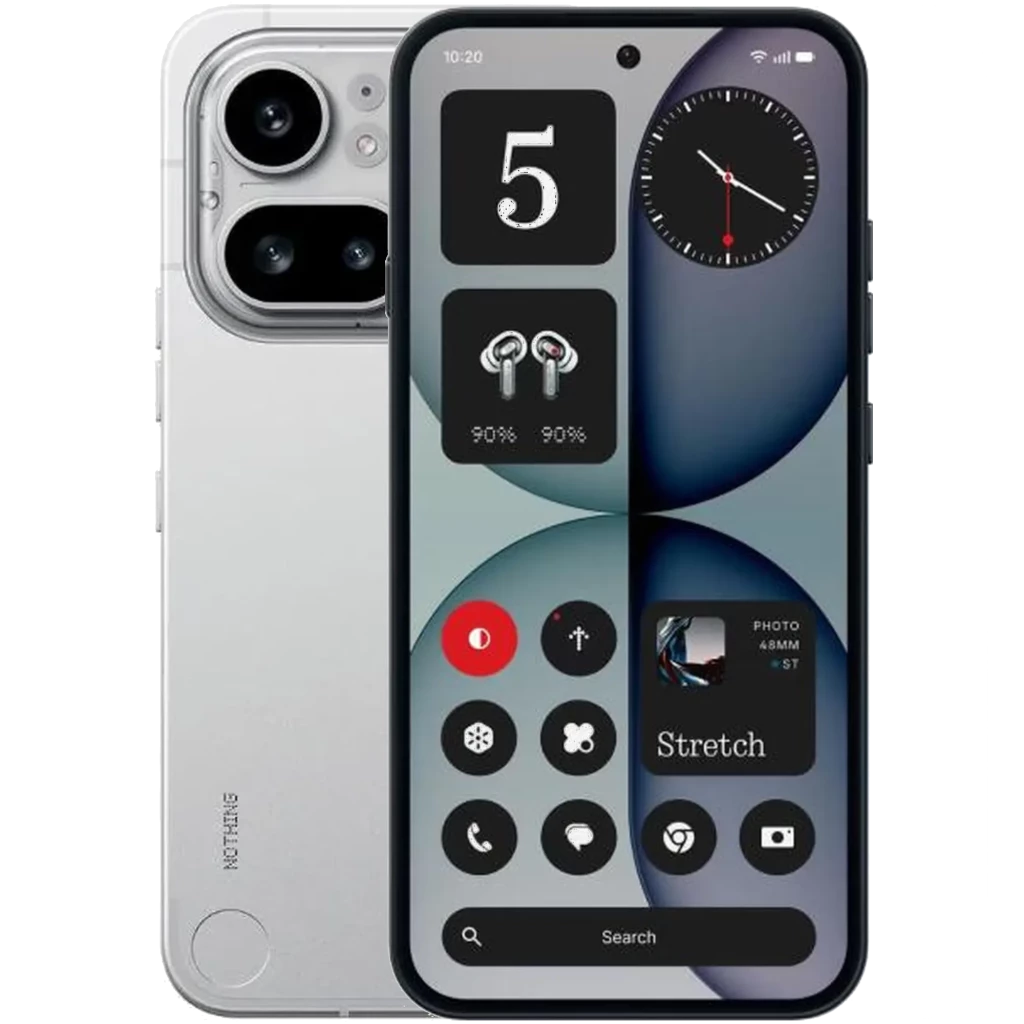 Nothing Phone 4a Pro 5G plata con pantalla perforada, biseles delgados, doble cámara trasera grande, módulo plateado y diseño minimalista con interfaz limpia
