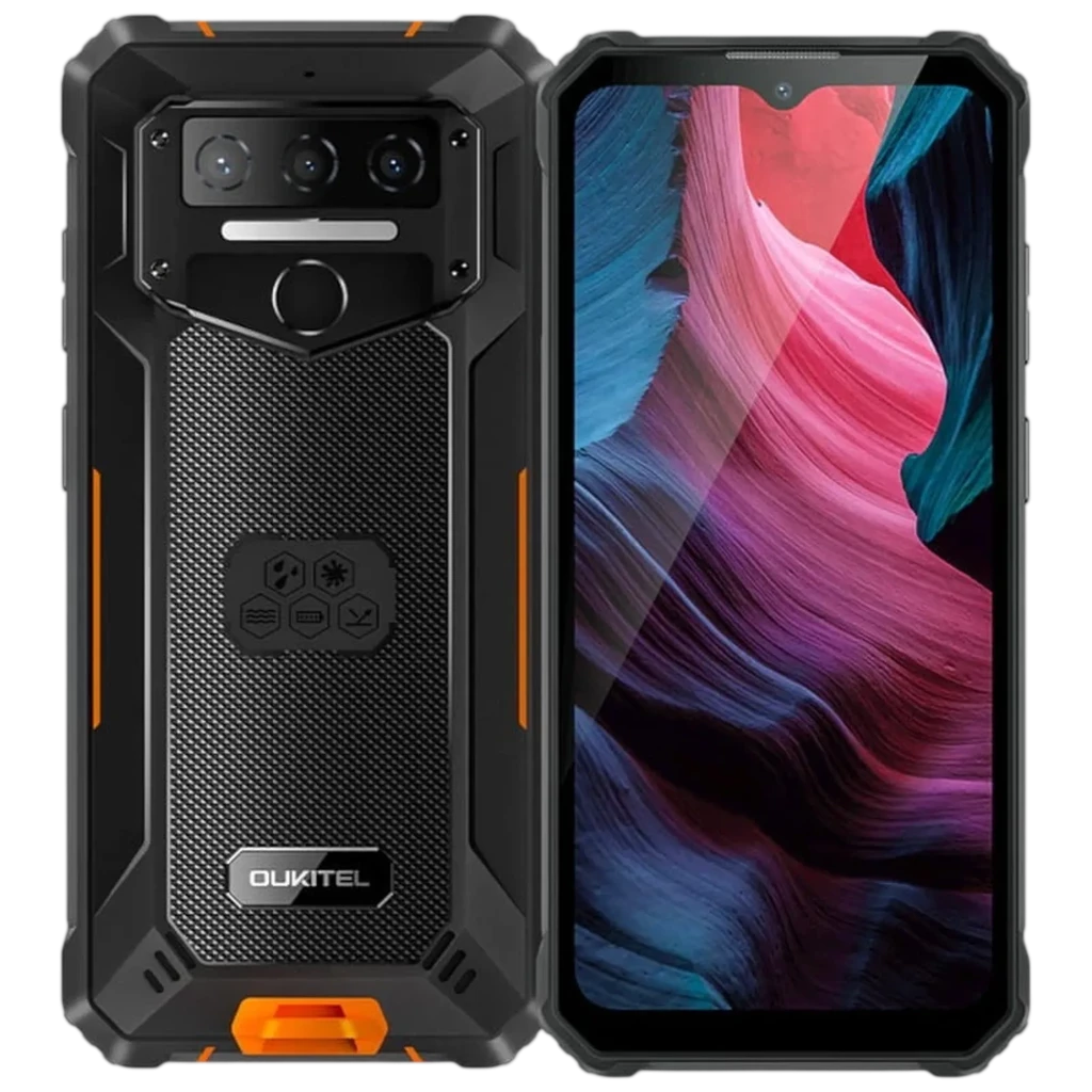 Oukitel WP23S naranja rugerizado con bordes reforzados, doble cámara trasera con flash, lector de huellas, textura antideslizante y pantalla amplia resistente