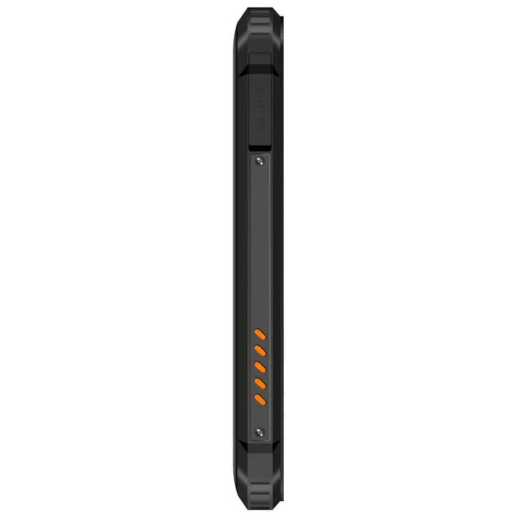Lateral del Oukitel WP23S naranja con cuerpo rugerizado negro, bordes reforzados, detalles naranjas y tapa de puertos sellada IP69K