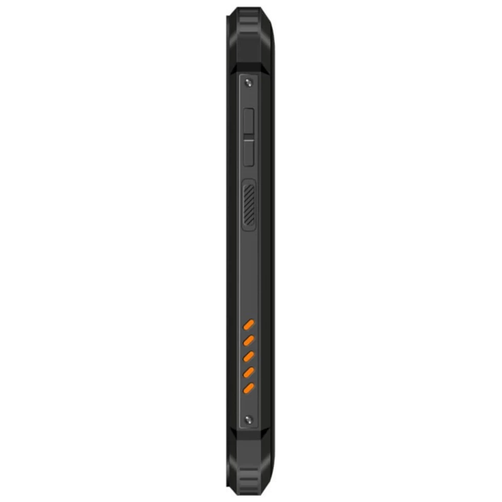 Lateral del Oukitel WP23S naranja: carcasa robusta negra con detalles naranjas, botones elevados, textura antideslizante y bordes reforzados IP69K